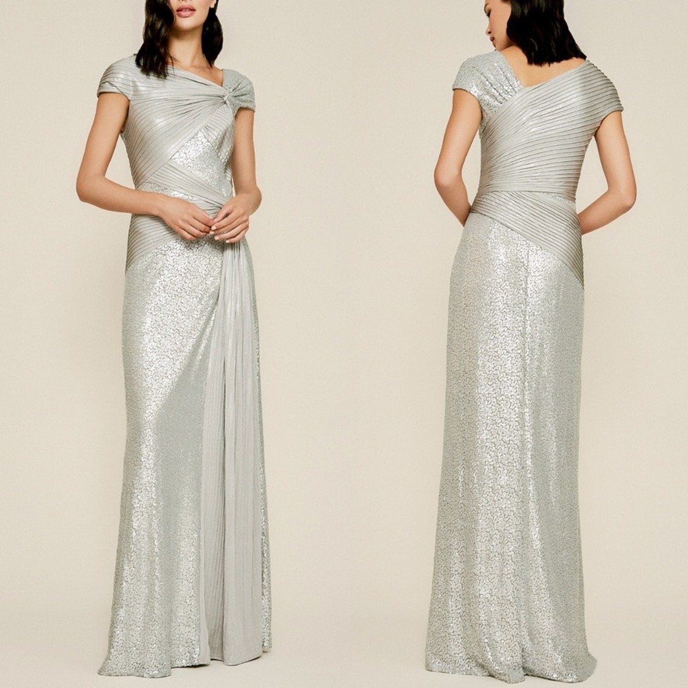 Tadashi Shoji Parma Draped Sequin Gown Silver Floor Length Maxi Womens Medium