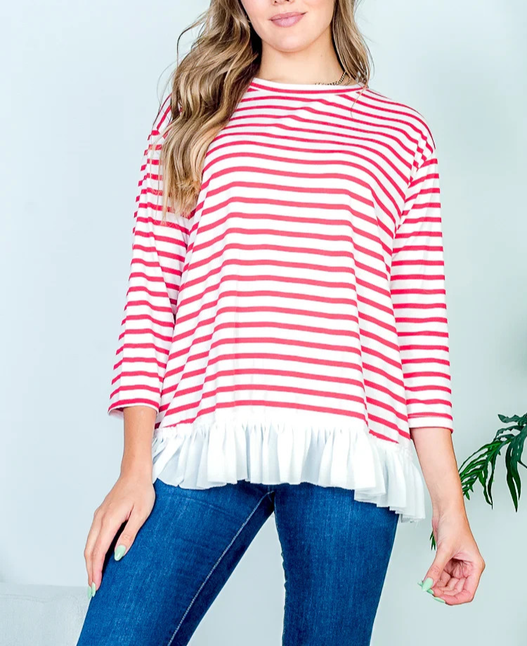 Women’s Red White Striped Ruffle Hem Top  Size M  3/4 Sleeve Boat Neck Blouse