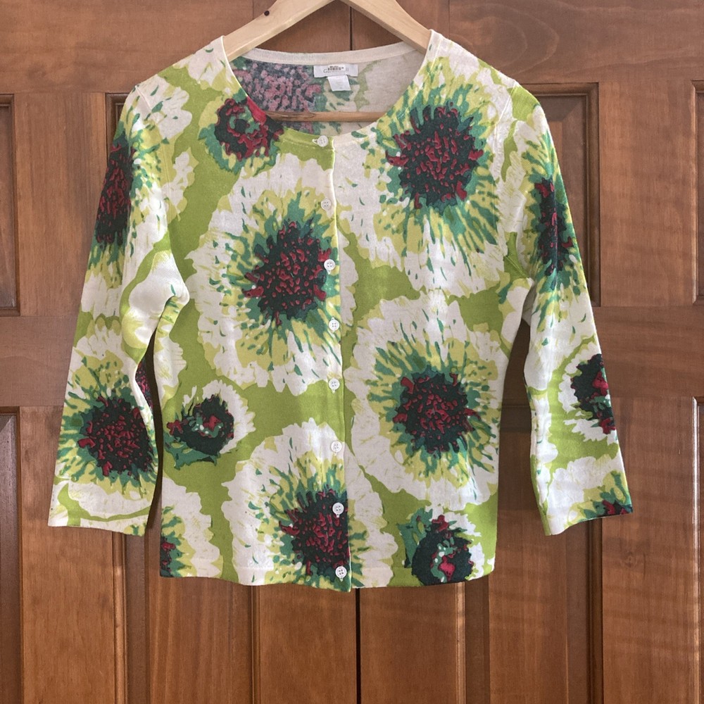 Garnet Hill Sweater Women's Sz M Cardigan Classic Green Floral 100% Merino Wool