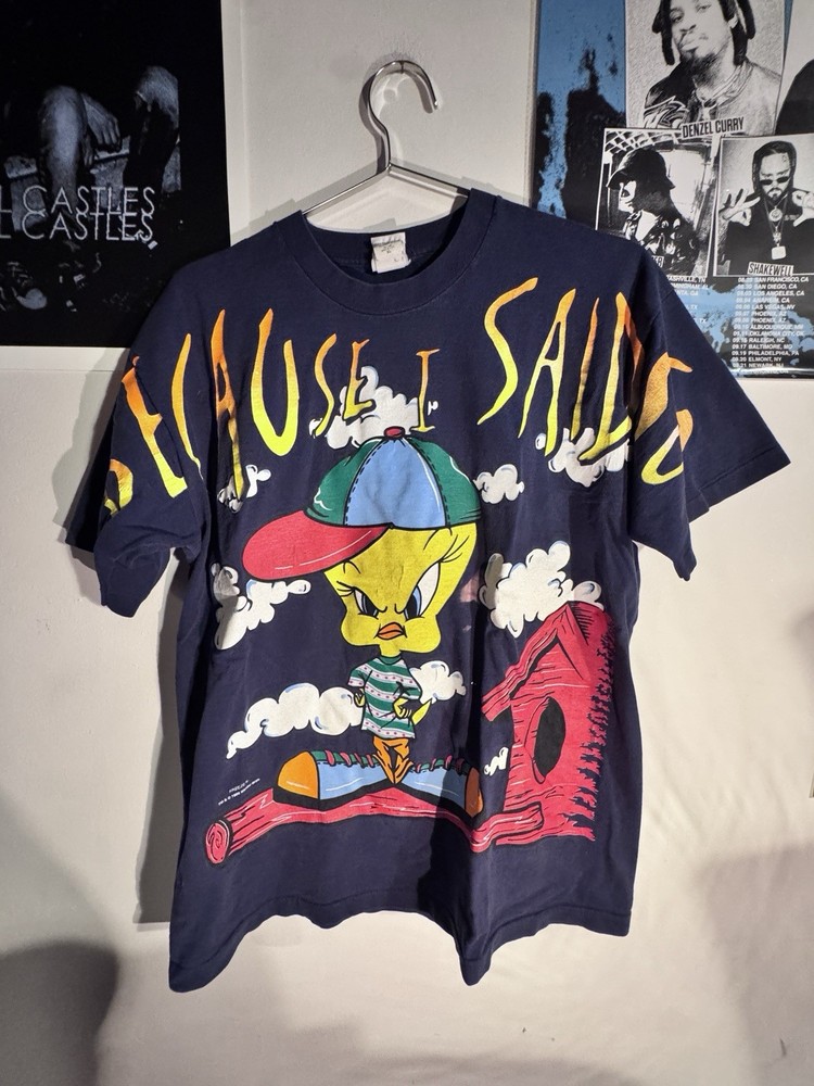Vintage 90s FREEZE Looney Tunes Tweety Bird All Over Print T Shirt L Made In USA