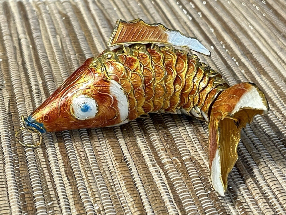 Vintage Chinese Cloisonné Pendant Articulated Koi Fish Orange Enamel