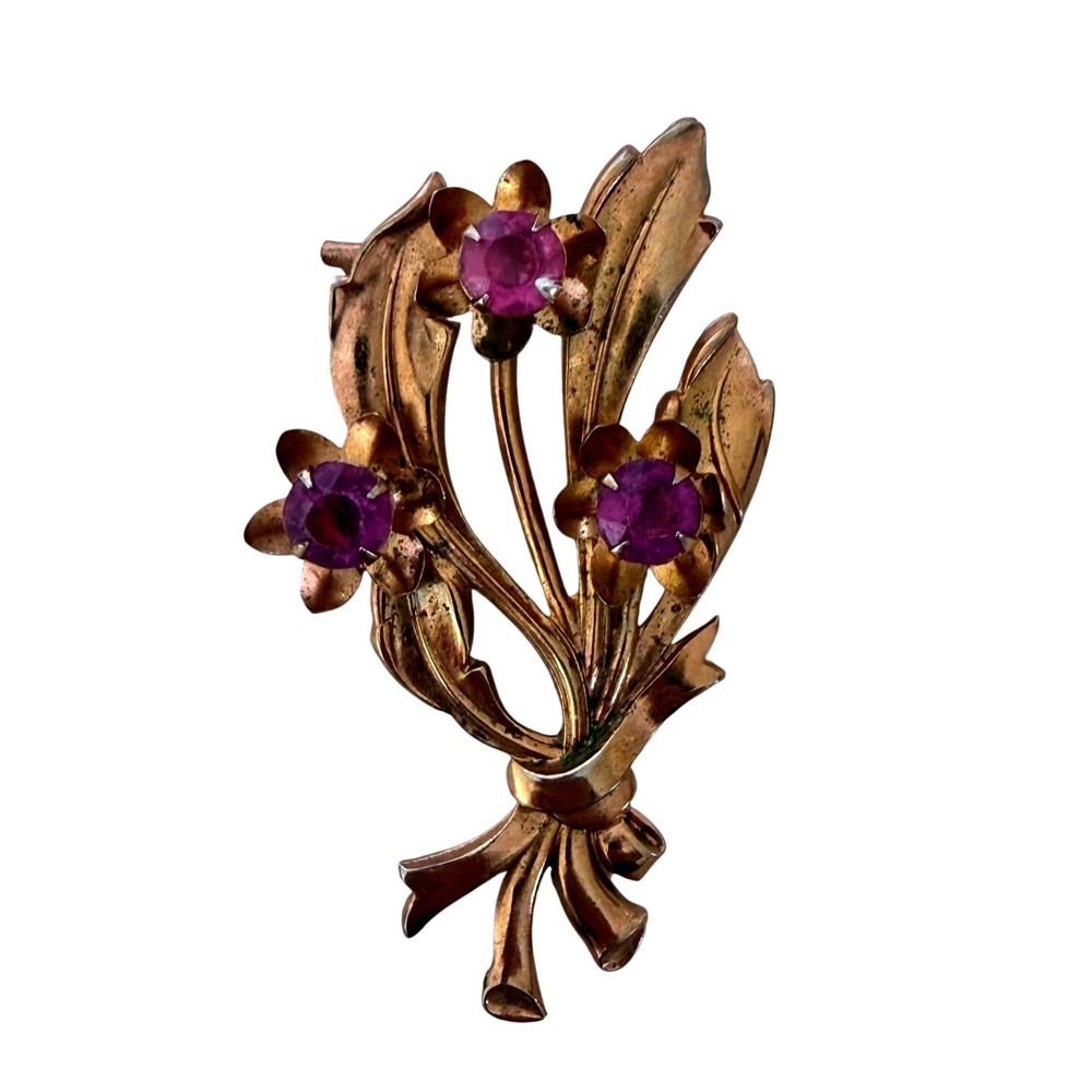Vintage Gold Tone Purple Rhinestone Flower Bouquet Brooch Floral Pin Mid Century
