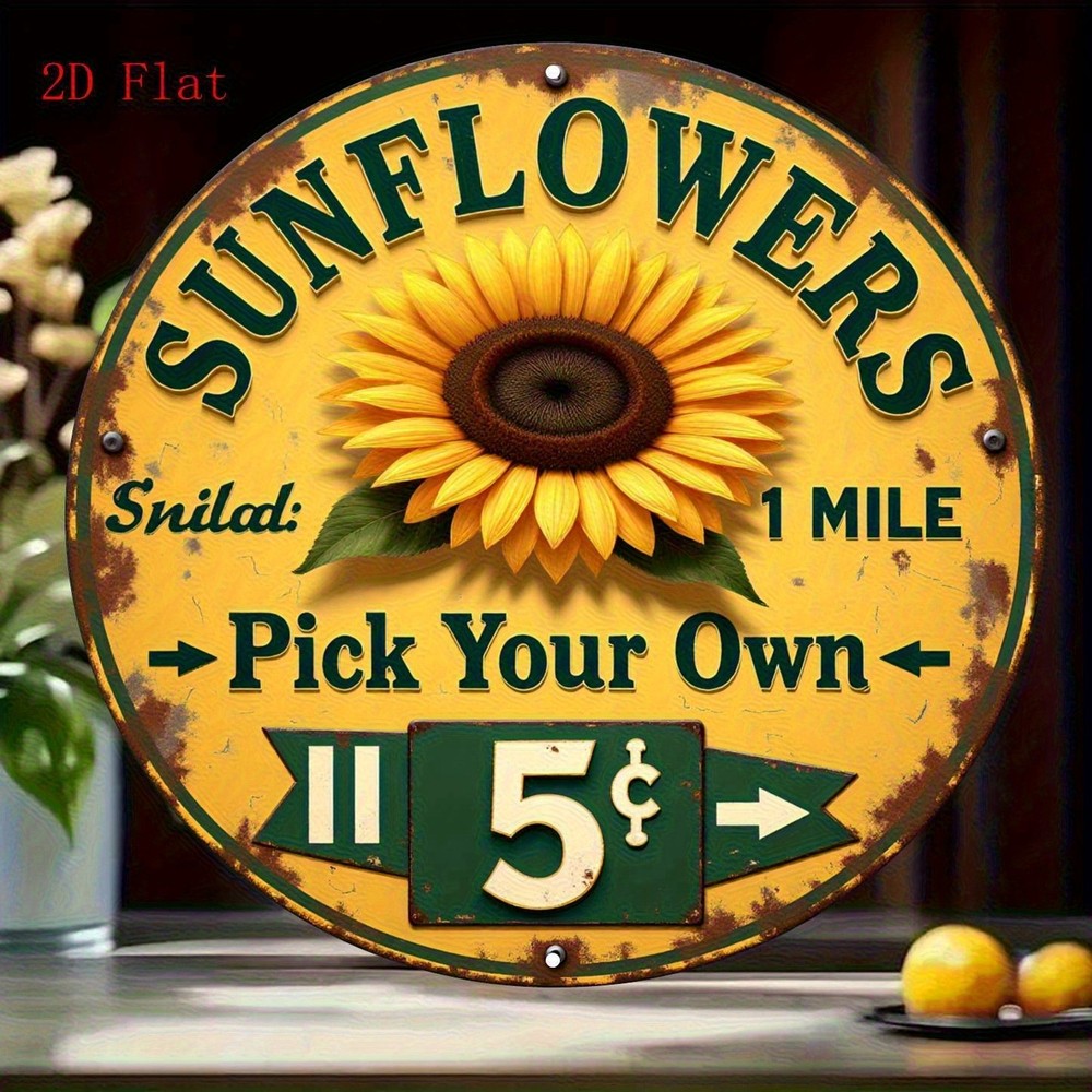 Vintage Sunflower Design 8 Inch Round Rustic Aluminum Wall Art Plaque