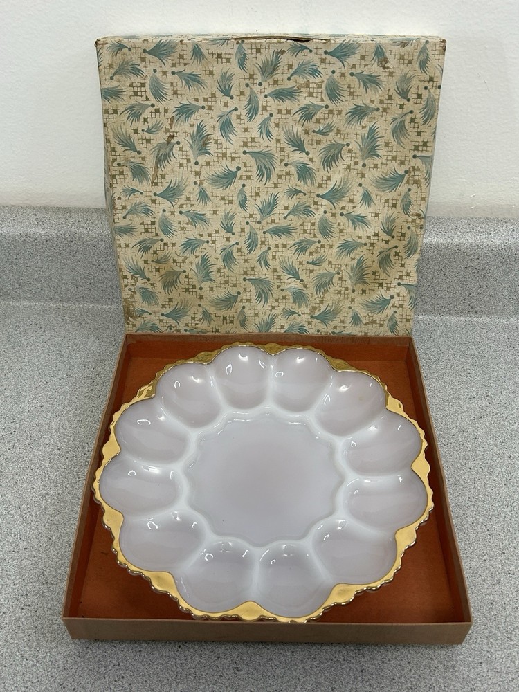 Vintage Anchor Hocking Milk Glass Deviled Egg Plate with Gold Trim & Box