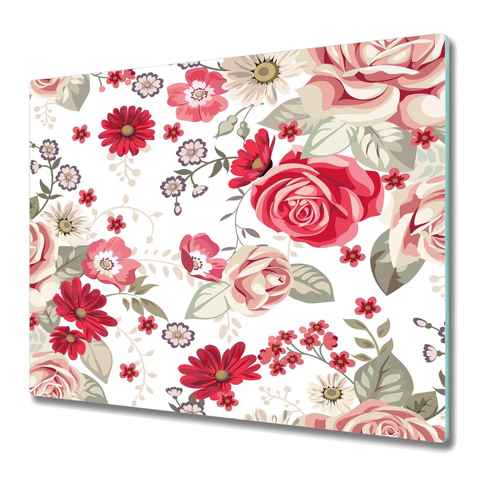 Glass Worktop protector Pale Rose Red Flowers Colourful Botanical work 60x52