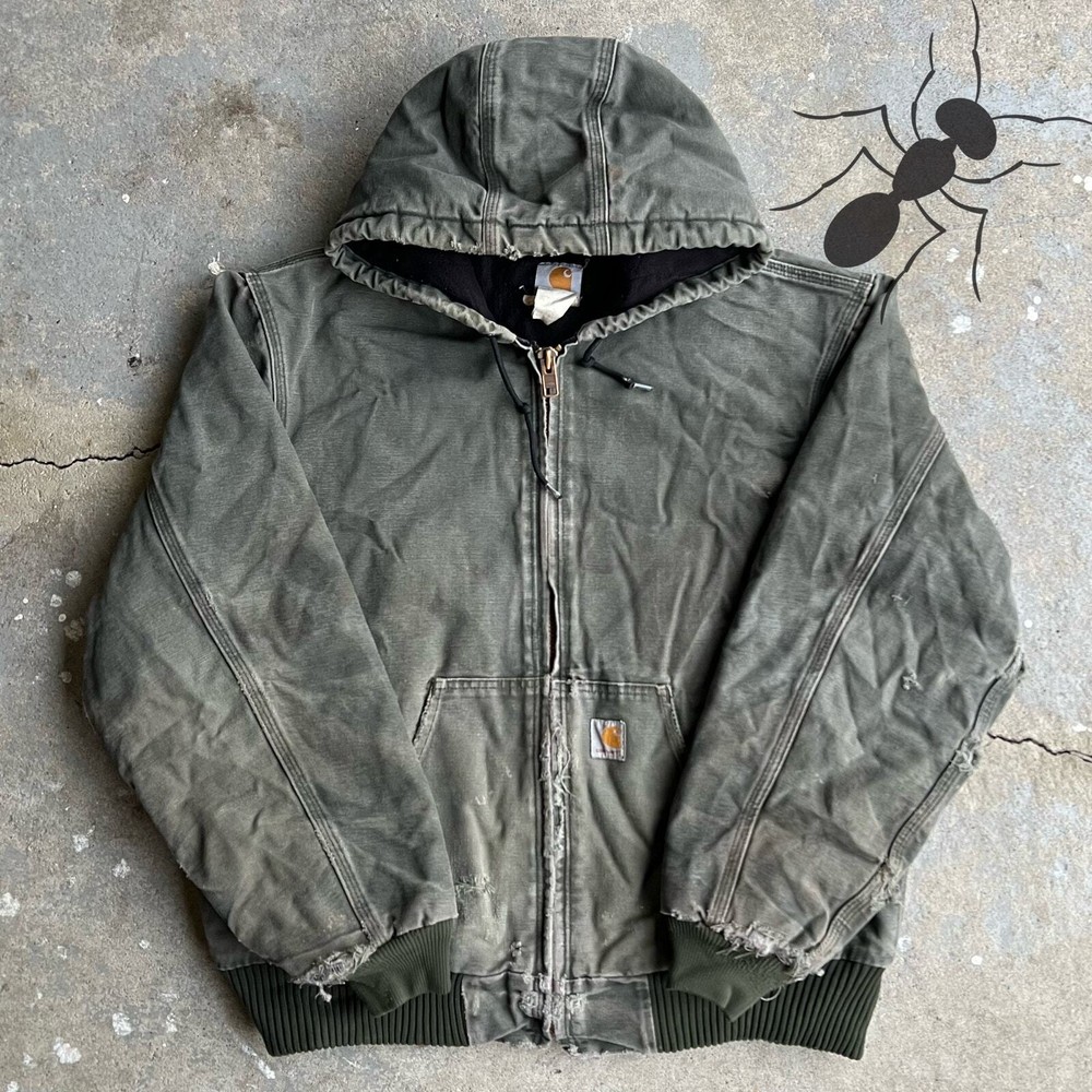 Vintage Y2K Green Faded Carhartt Hooded Work Jacket