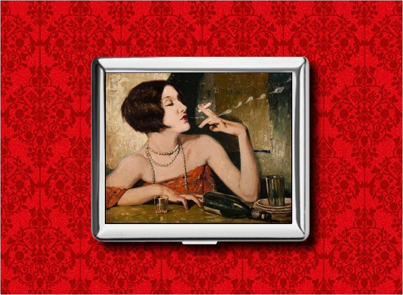 Vintage Flapper Smoking Absinthe Metal Wallet Card Case for ID Cigarettes iPod-image