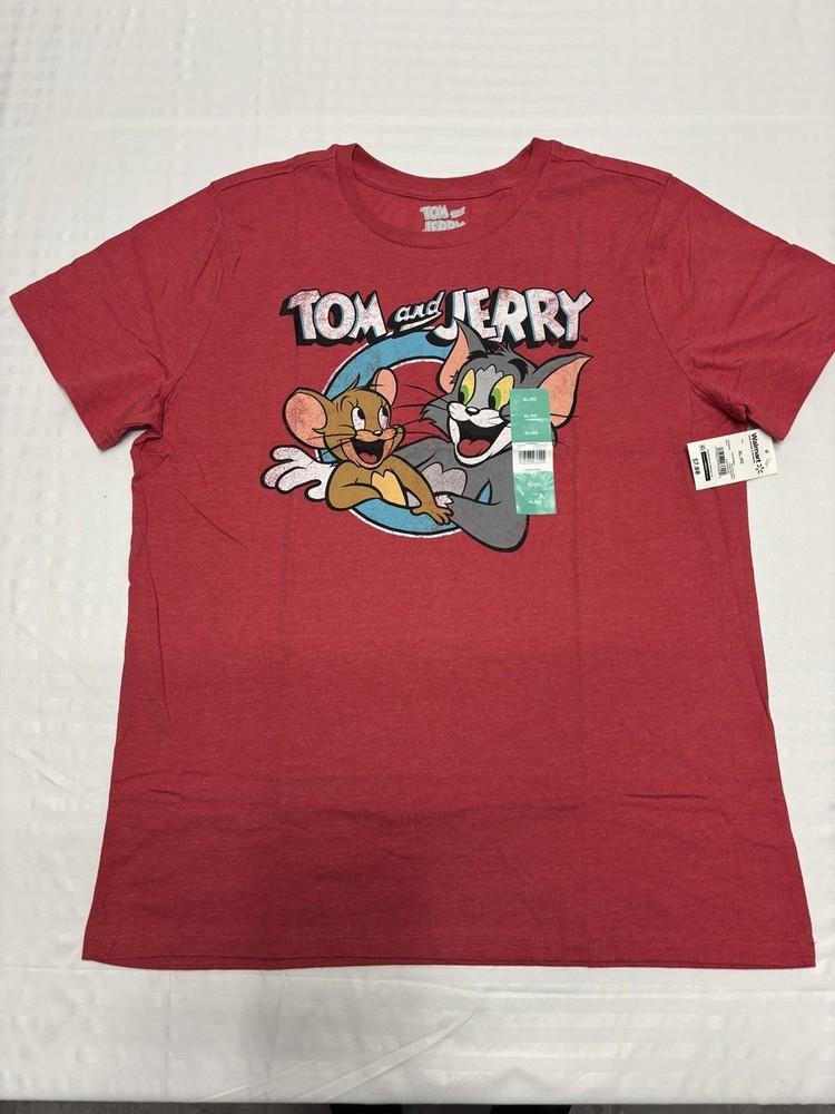 Tom and Jerry Happy Together Cat Mouse Cartoon Heather Red T-Shirt New XL