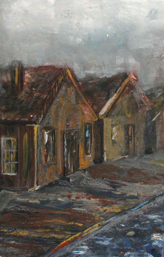 Vintage expressionist gouache painting landscape houses
