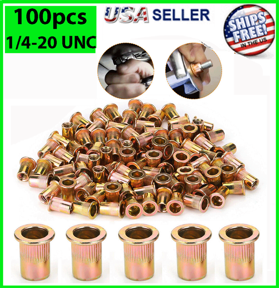 100 Pcs RIVET NUT Flat Head Threaded Insert 1/4-20 UNC Carbon Steel Nutsert SAE
