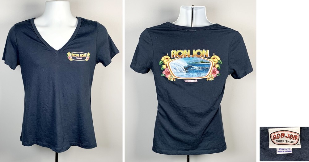 Ron Jon Cozumel Womens V-Neck Tee Medium Blue Hibiscus Wave Design