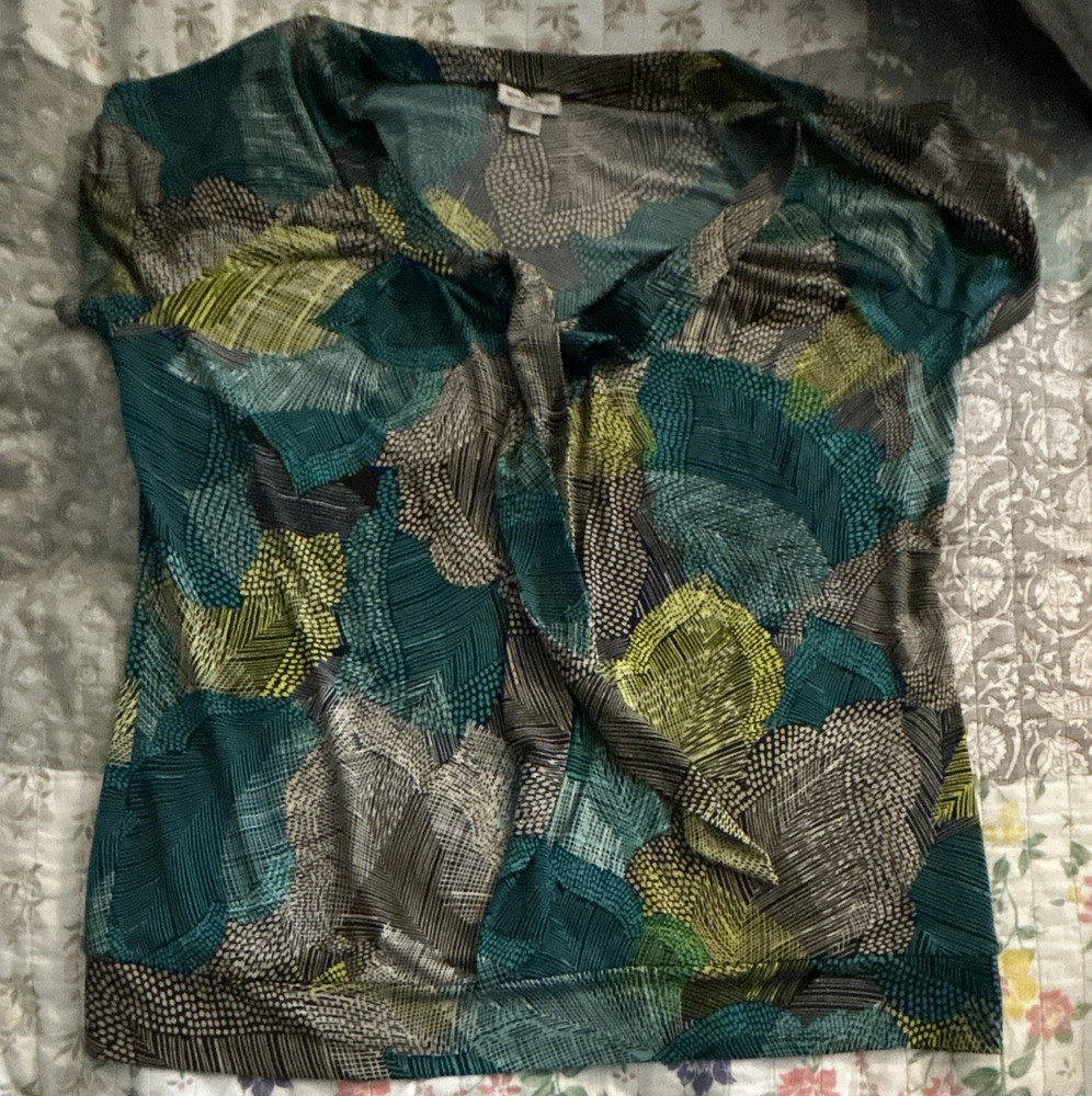 Worthington Women's M Regular Multicolor Geometric Short Sleeve Blouse Top