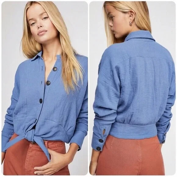 Free People Sunstreaks Cotton Gauze Tie-Front Shirt NWOT Size M Blue