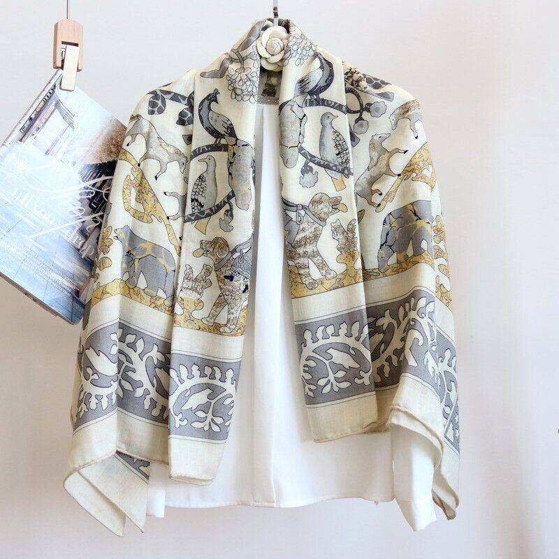 70% Cashmere 30% Silk Double-Face Birds Print Square Shawl Wrap Scarf 53 Inch