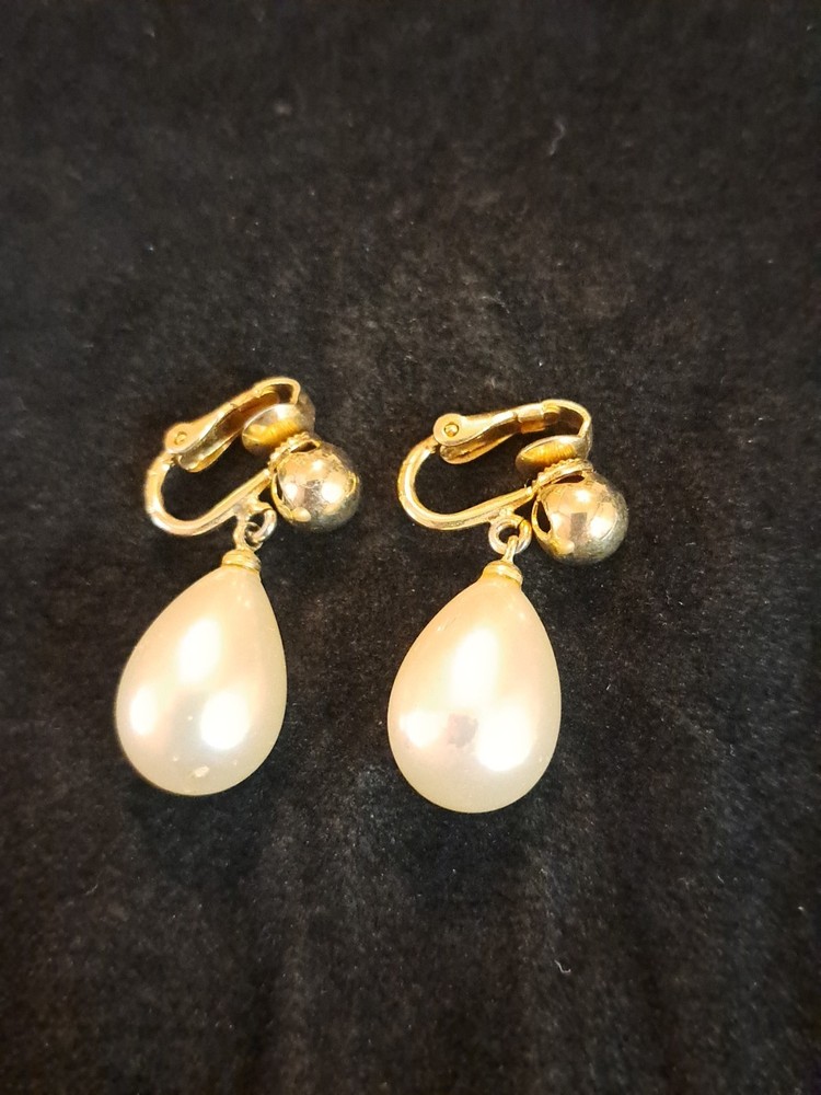 Vintage Napier Faux Pearl Gold Tone Clip On Dangling Earrings