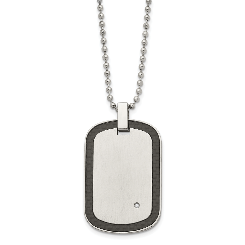 Chisel Stnls Steel Black Carbon Fiber Inlay Edges Diamond Dog Tag Ball Chain 24