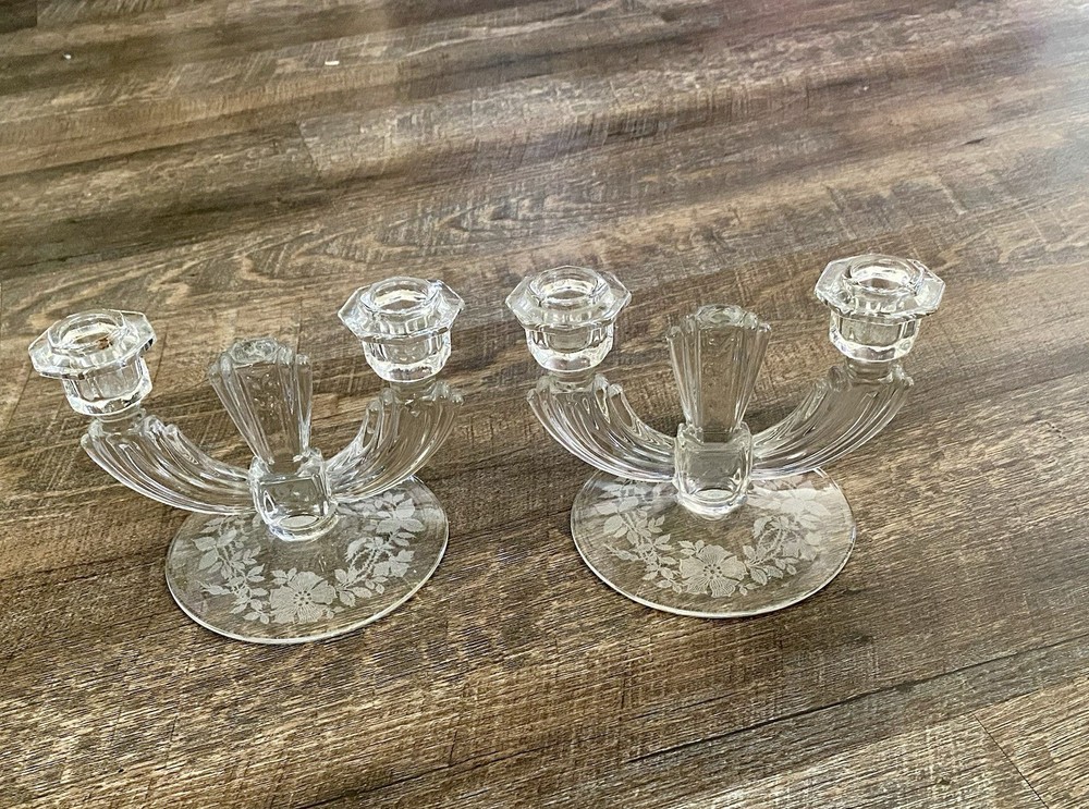 Pair Vintage Art Deco Etched Glass Double Candle Stick Holders