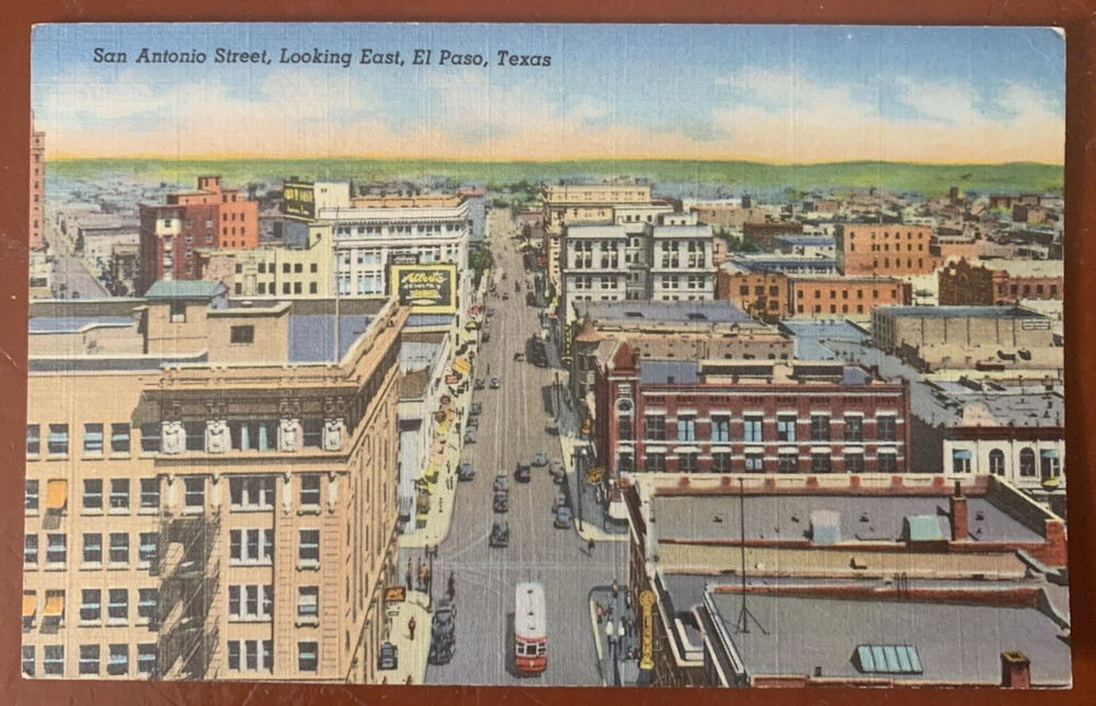 Aerial View San Antonio Street Looking East El Paso Texas Linen Postcard