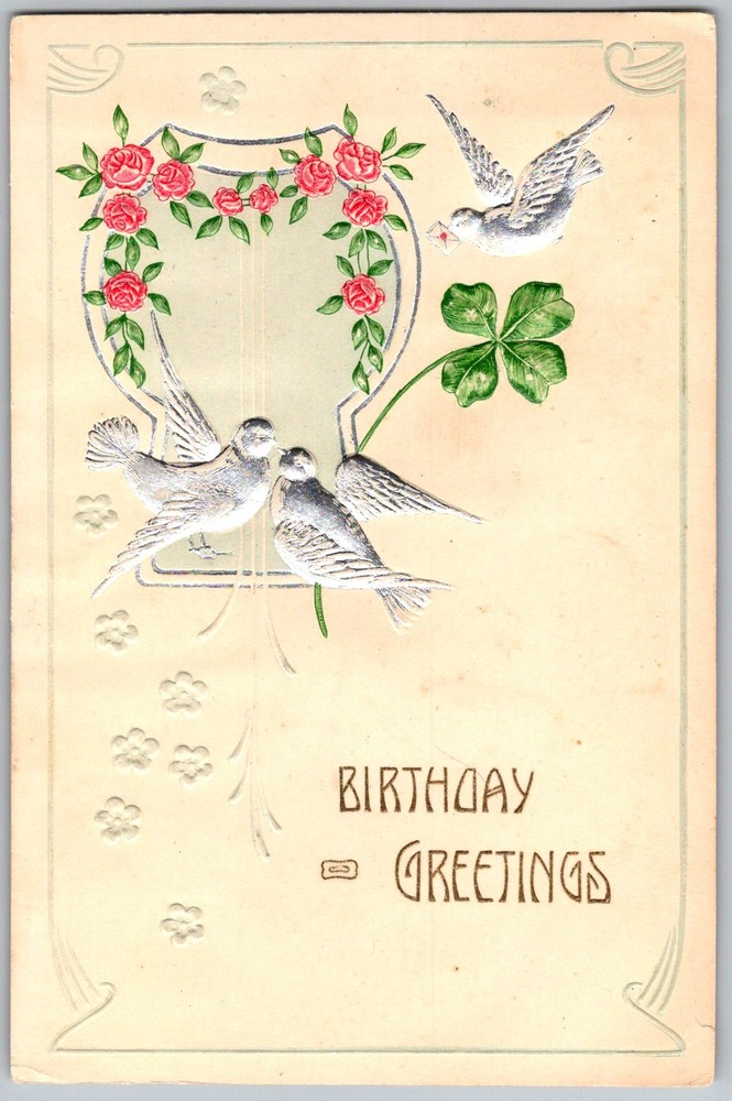 Antique Postcard Doves Four-leaf Clover DE 1910s