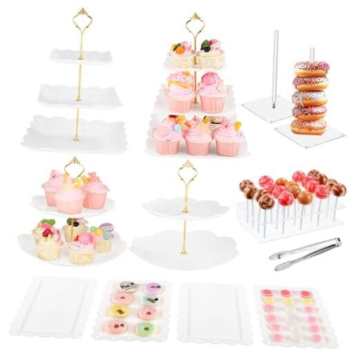 12PCS Dessert Table Display Set, 2x 3 Tier Cupcake Stand, 2x 2 Tier White