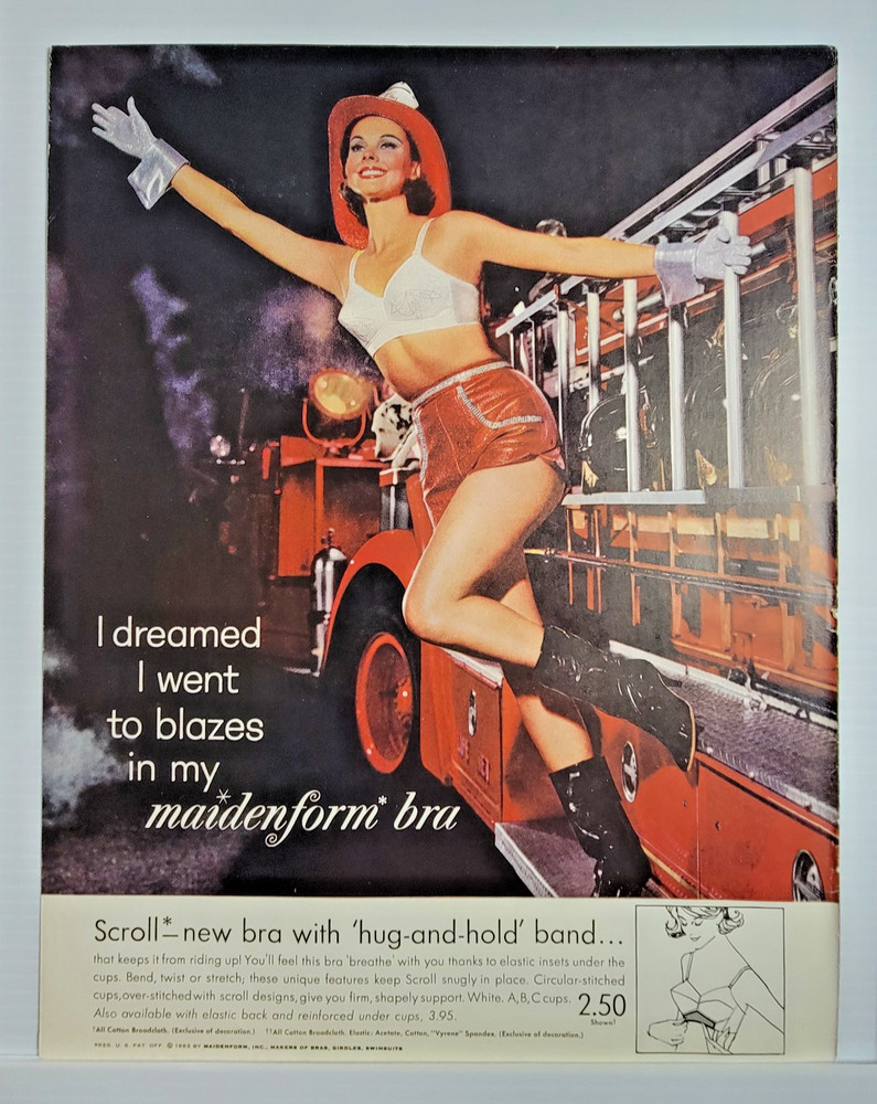 Vintage 1963 Maidenform Bra Fire Truck Firefighter 11x14 ad