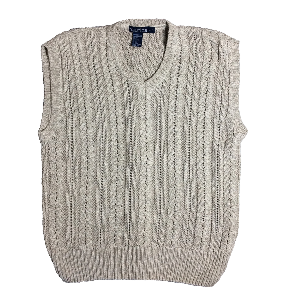 Vtg Nautica Silk Linen Cable-Knit Sweater Vest Men's Large Beige Ribbed V-Neck