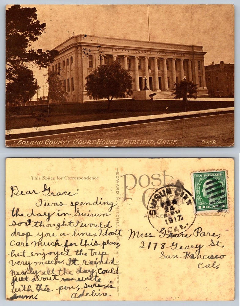 1917 Solano County Court House Fairfield California Postcard E.H. Mitchell