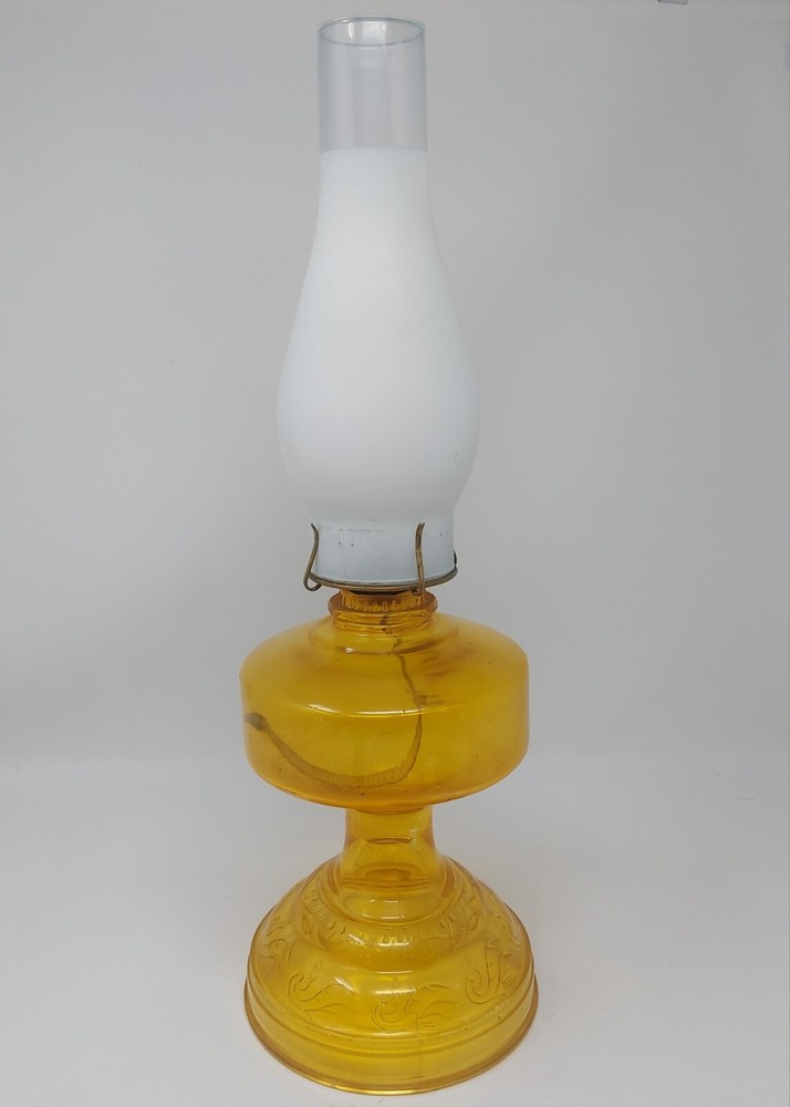 Yellow Glass Kerosene Oil Lantern Lamp w/ Chimney  Vintage