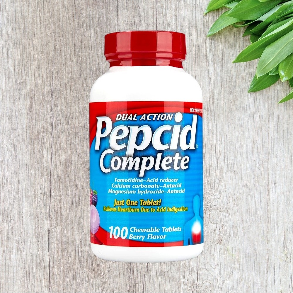 Pepcid Complete Acid Reducer Antacid 100 Berry Tabs Dual Action Heartburn Relief-image