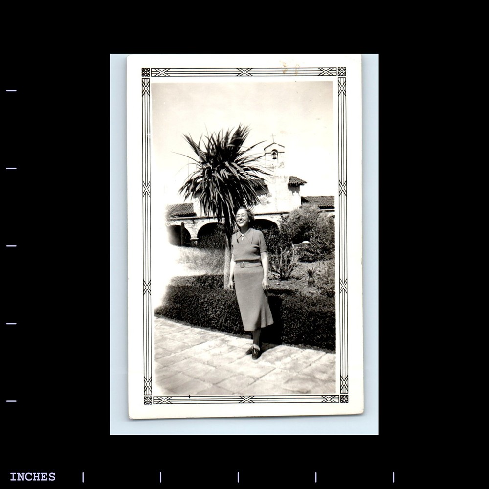 Old Vintage Photo WOMAN BY PALM TREE MISSION BUILDING