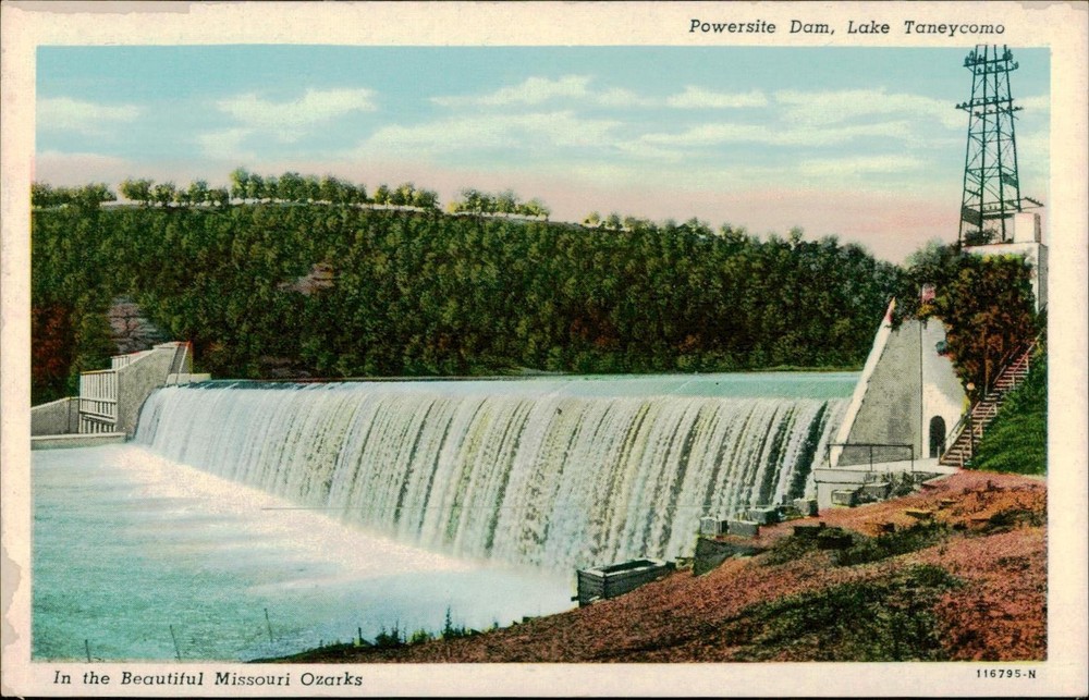 Powersite Dam Lake Taneycomo Postcard Curteich Chicago 116795-N Missouri Ozarks