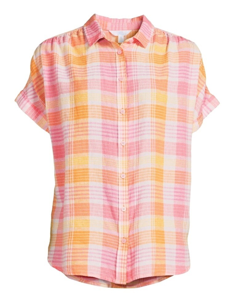 Time & Tru Womens Roll Cuff Plaid Button-Up Shirt Size S 4-6