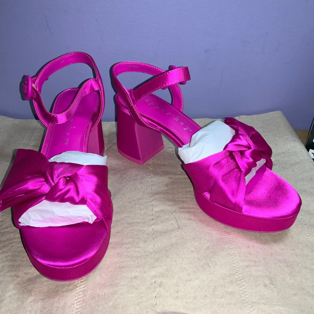 Copper Key Lux satin bow platform heels Sz 6.5 Bright pink block heel