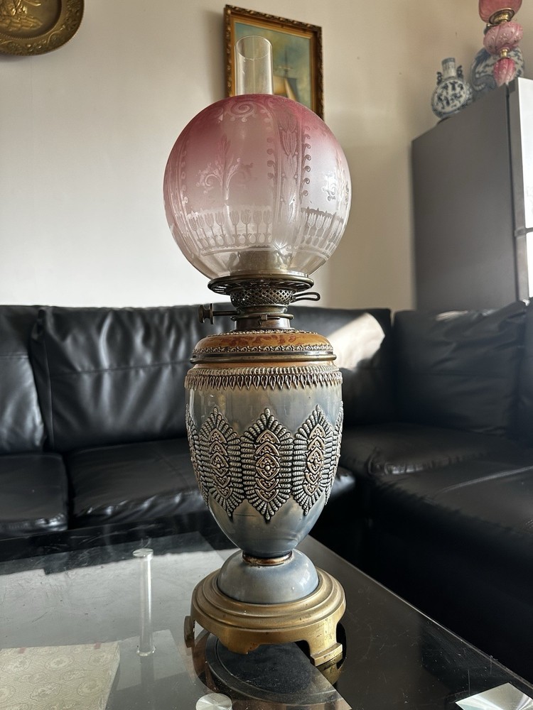 Antique British Oil Lamp & Pink Colour Lamp Shade