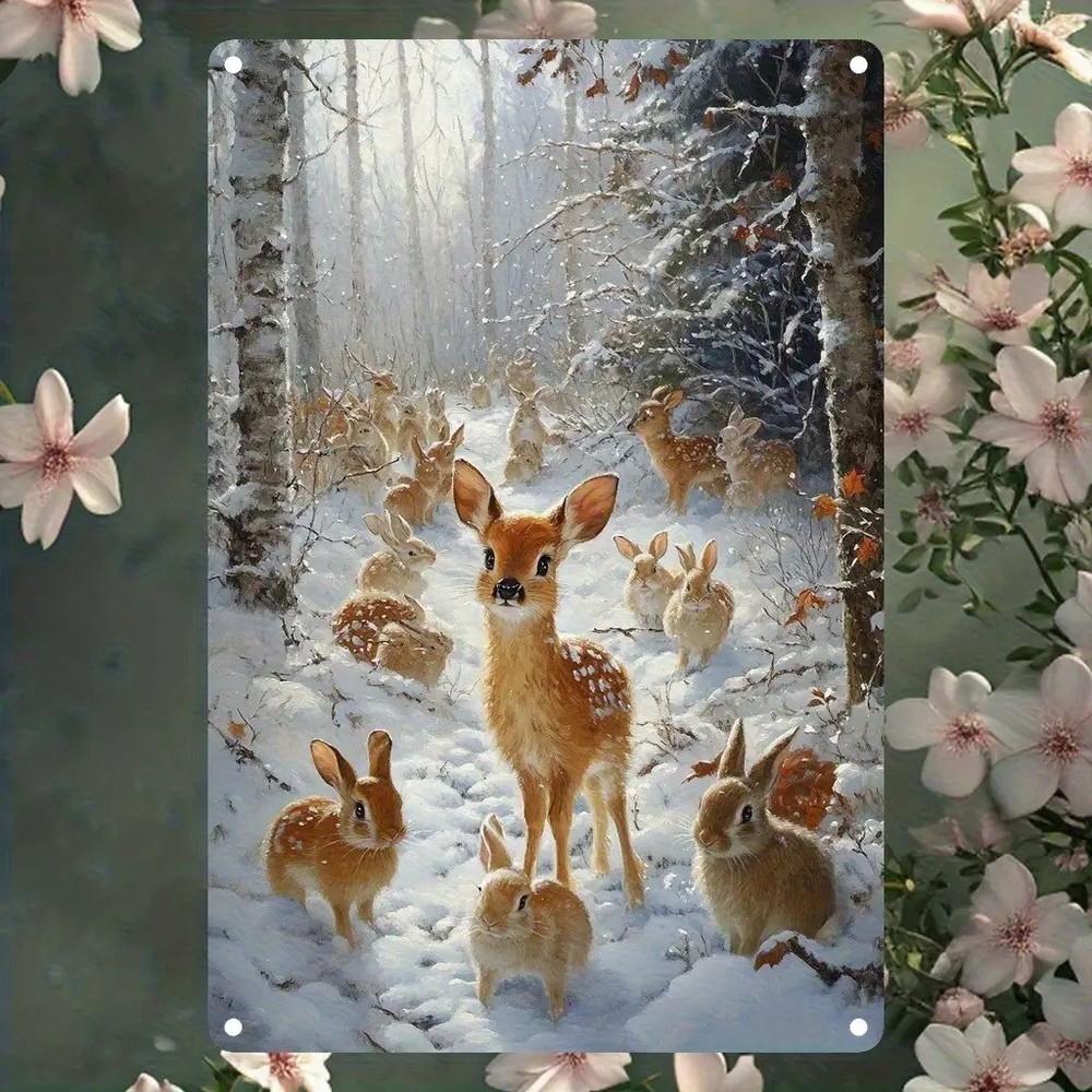 Winter Deer Forest Landscape Square Aluminum Wall Art Snow