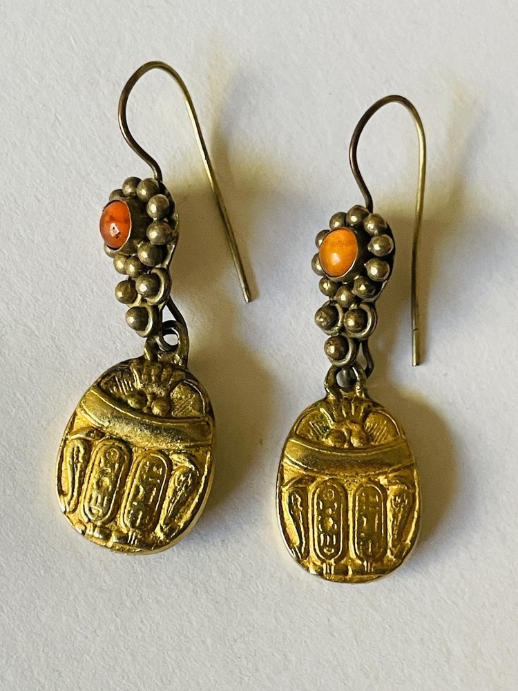Egyptian Revival Dangle Scarab Earrings Hooks With Amber (?) Marked 925 ^^Read^^