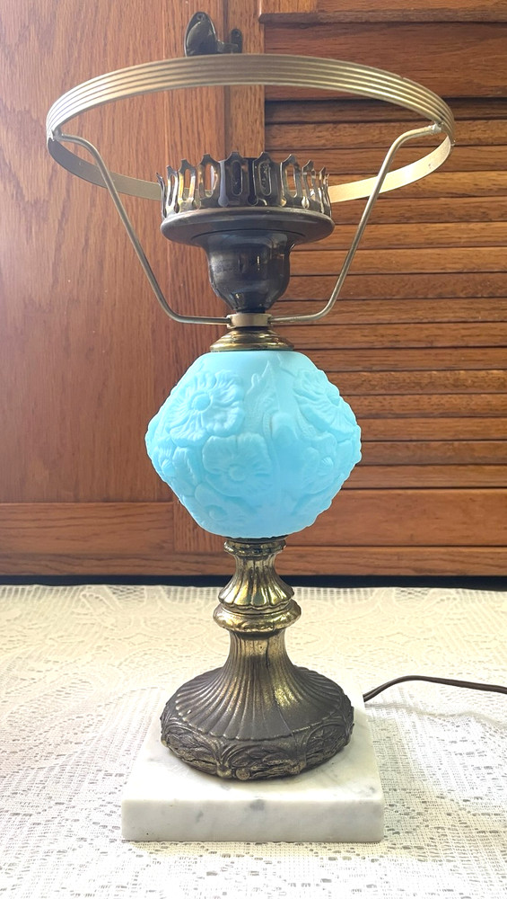 Vintage Fenton Satin Blue Poppy Student Desk Lamp Base Marble & Brass NO Shade