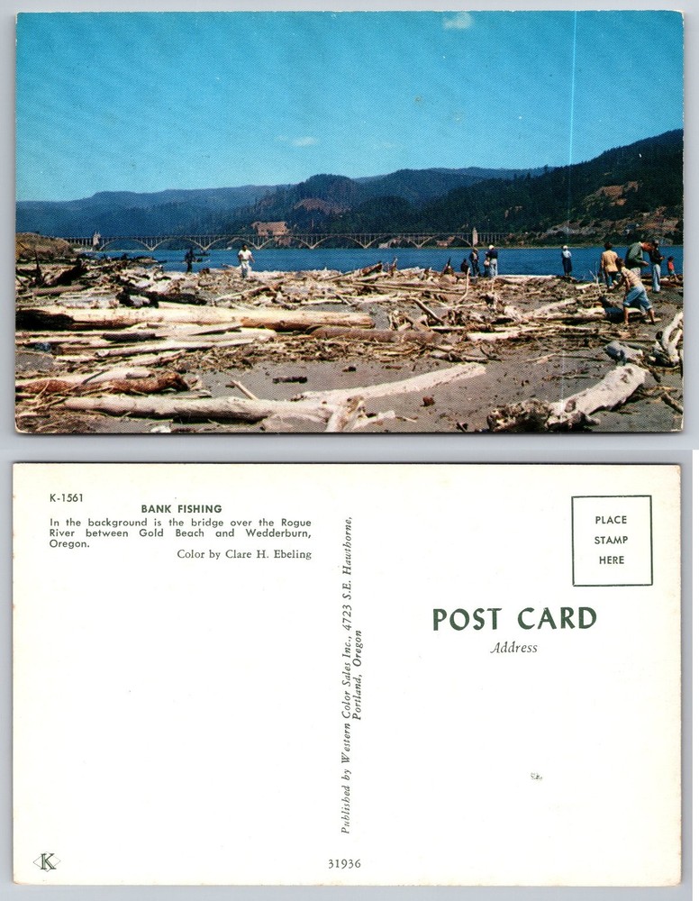 Rogue River Gold Beach Oregon Bank Fishing Bridge Vintage Chrome Postcard