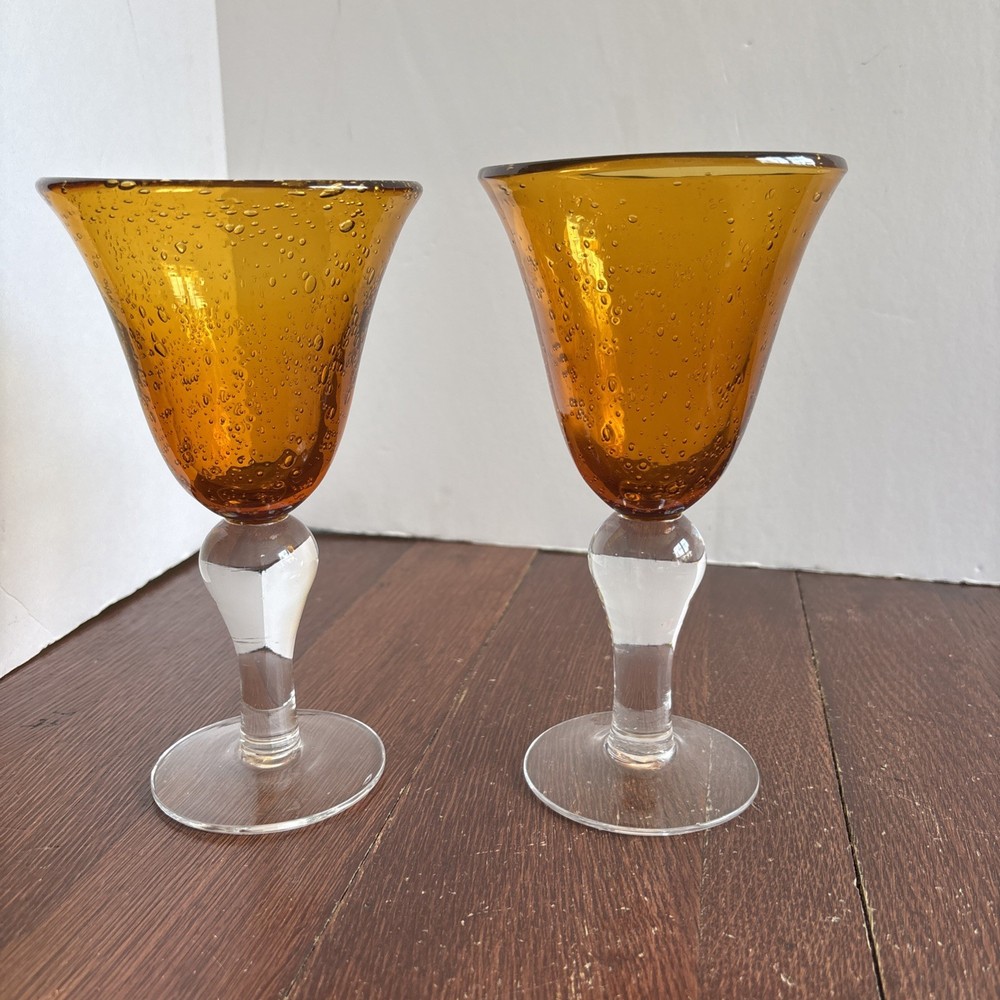 Vtg Artland Iris Amber Bubble Hand Blown Glass Water Goblets Set Of 2
