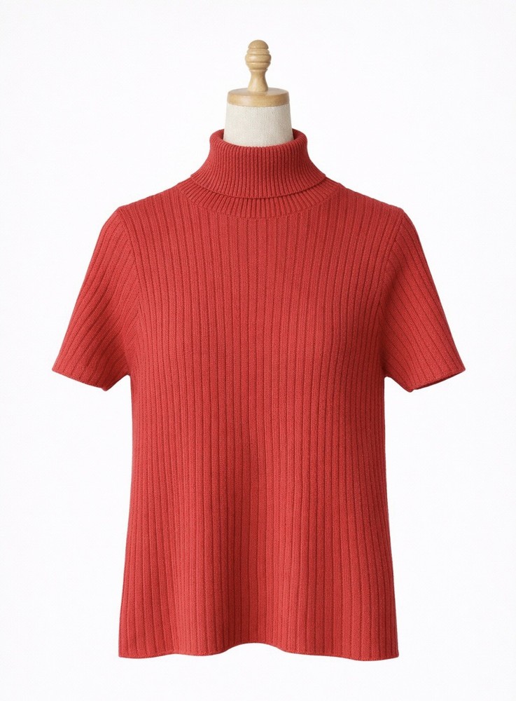 Womens Debenhams Ribbed Jumper High Neck Short Sleeve Red Stretch Knit UK 14 *