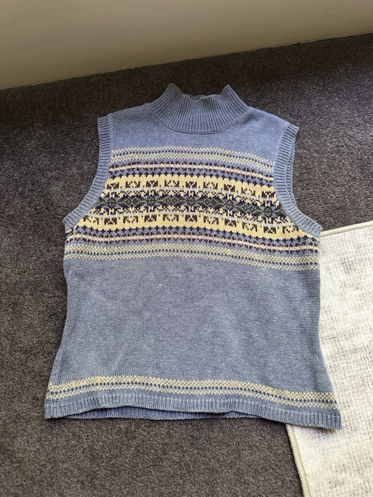 Vintage B. Moss Blue Beige Fair Isle Cotton Knit Sweater Vest Mock Neck M