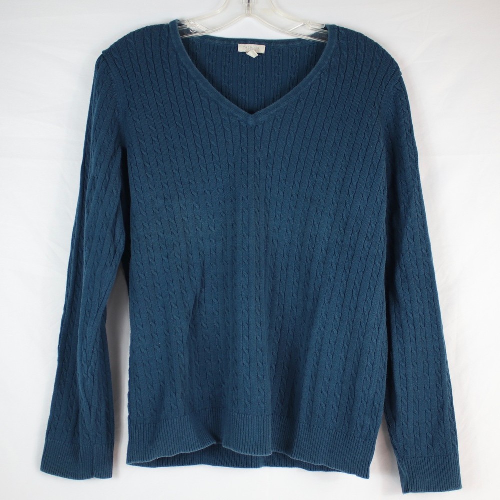 Talbots Teal Cable Knit Long Sleeve V-Neck Pullover Sweater Womens Size L