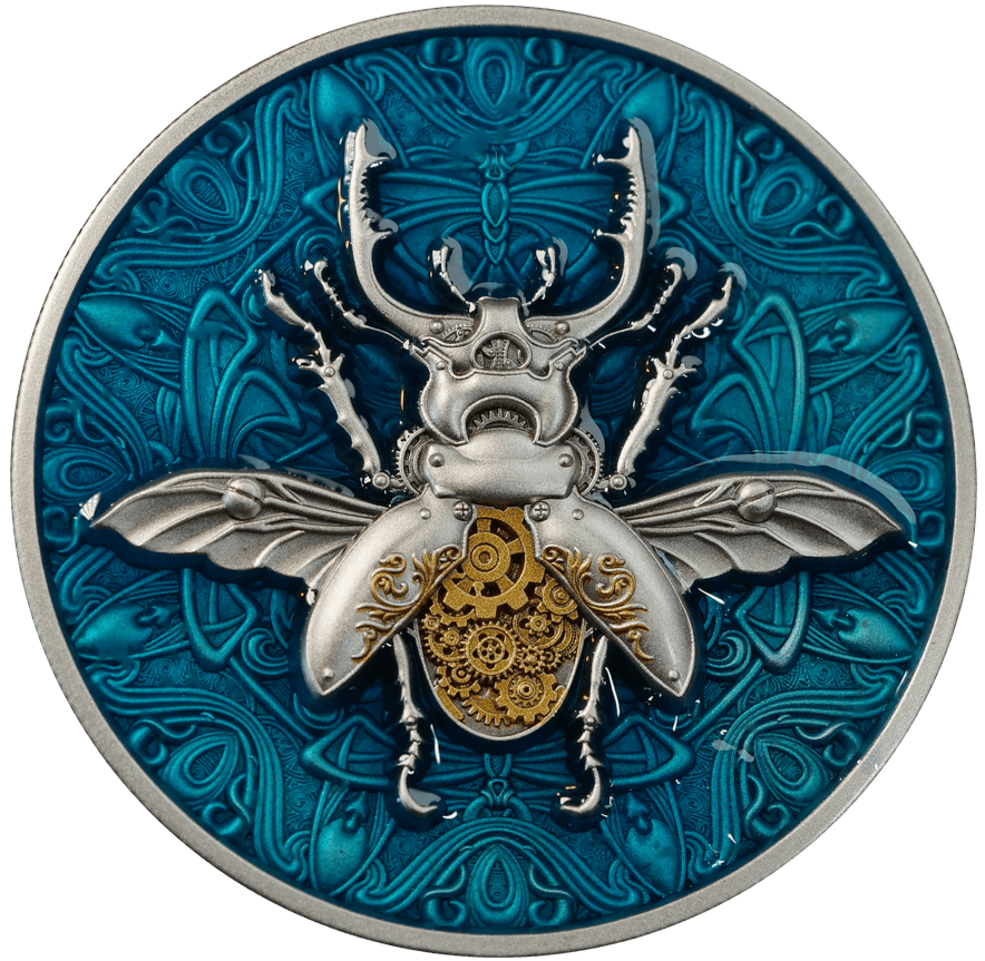 2024 Niue Punk Art Mechanical Beetle 2 oz Silver Antiqued Colorized Coin