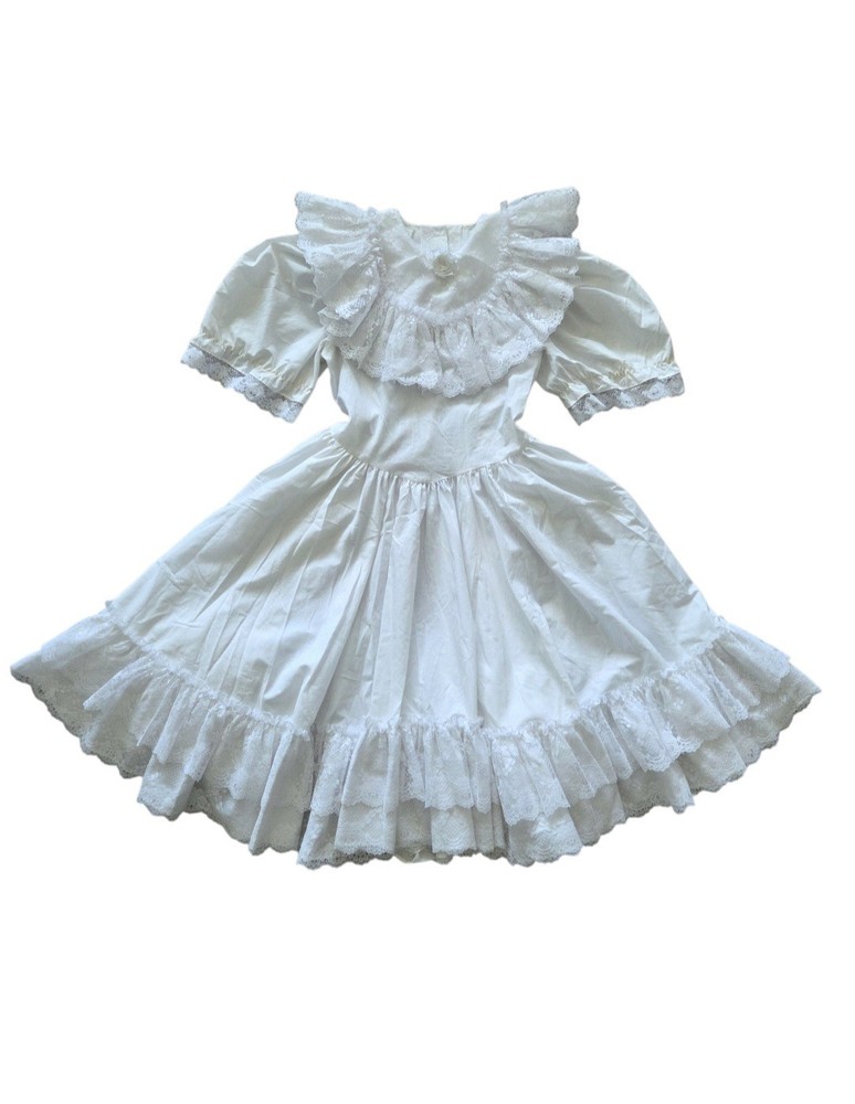 Vintage White Lace Prairie Dress XXS Victorian Cottagecore Puff Sleeve Edwardian