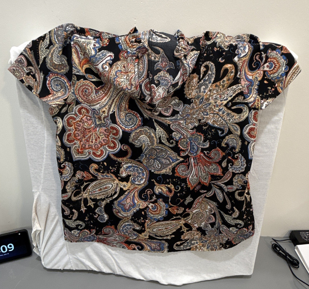 Women's Paisley V-Neck Ruffle Pullover Blouse Top Multicolor Short Sleeve S