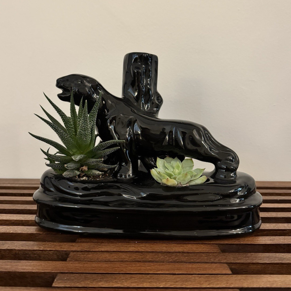 MCM Vintage 1950s Black Ceramic Glossy Panther  TV Lamp/Planter
