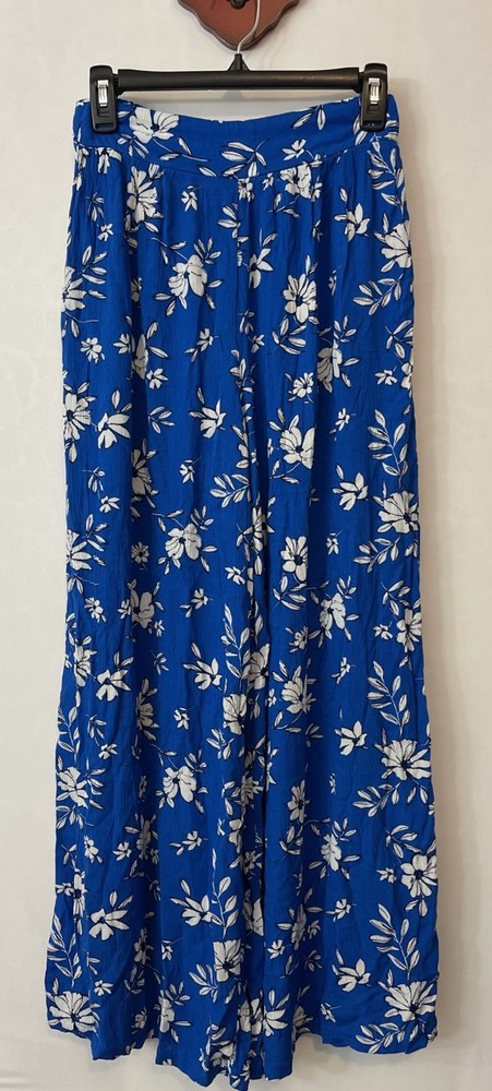 Blue Floral Elastic Waist Flow Womens Pull-On Pants A5007