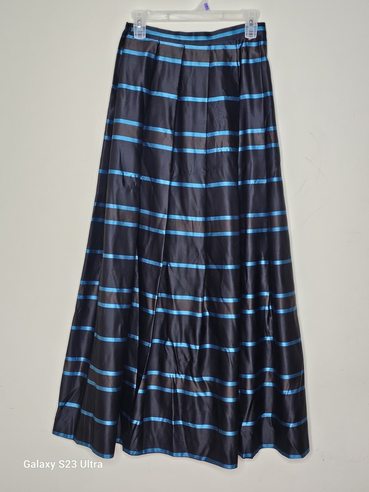 Carlisle Black Blue Striped Satin Maxi  Skirt Rayon Silk Size 4