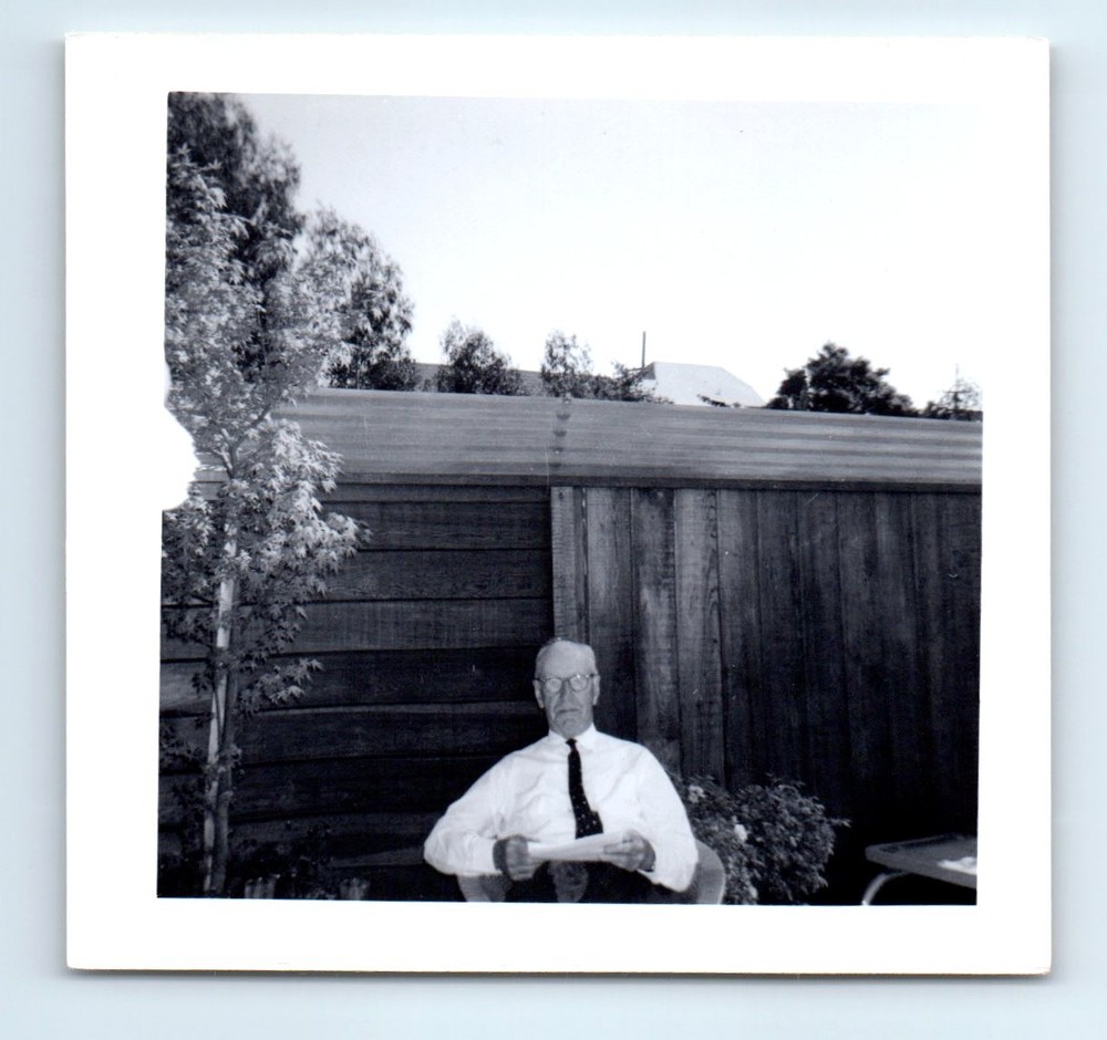 Old Vintage Square Photo SOLO OLDER MAN WITH GLASSES SITTING OUTSIDE IN YARD