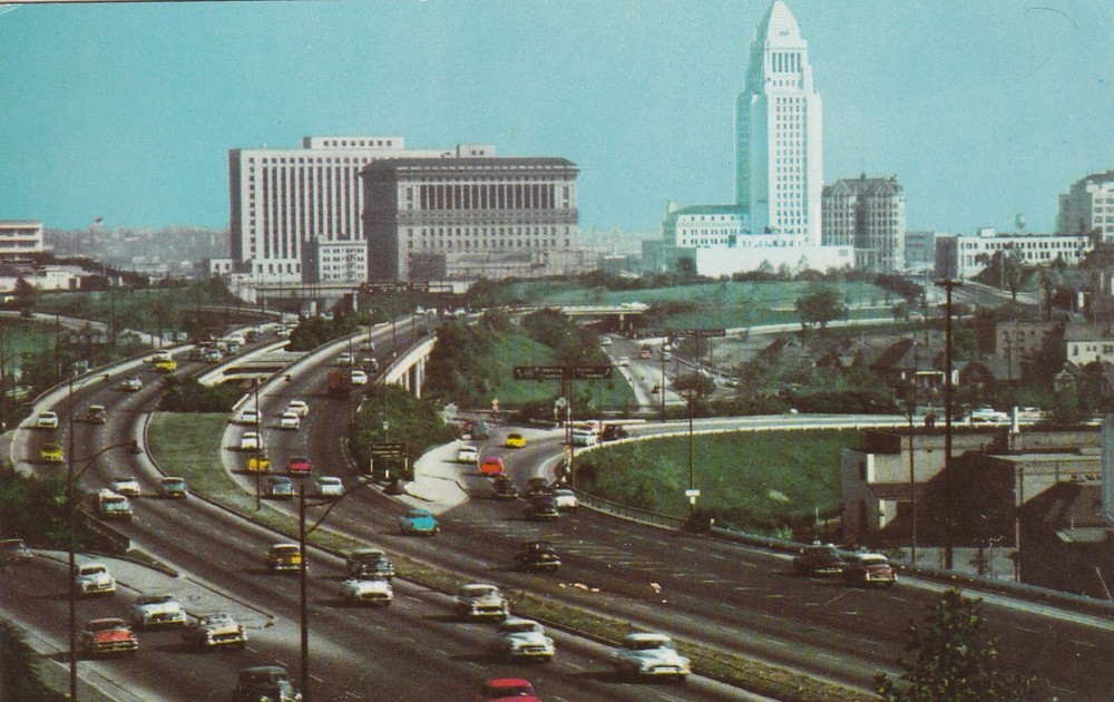Postcard CA Los Angeles Hollywood Freeway looking towards Civic Center Highway